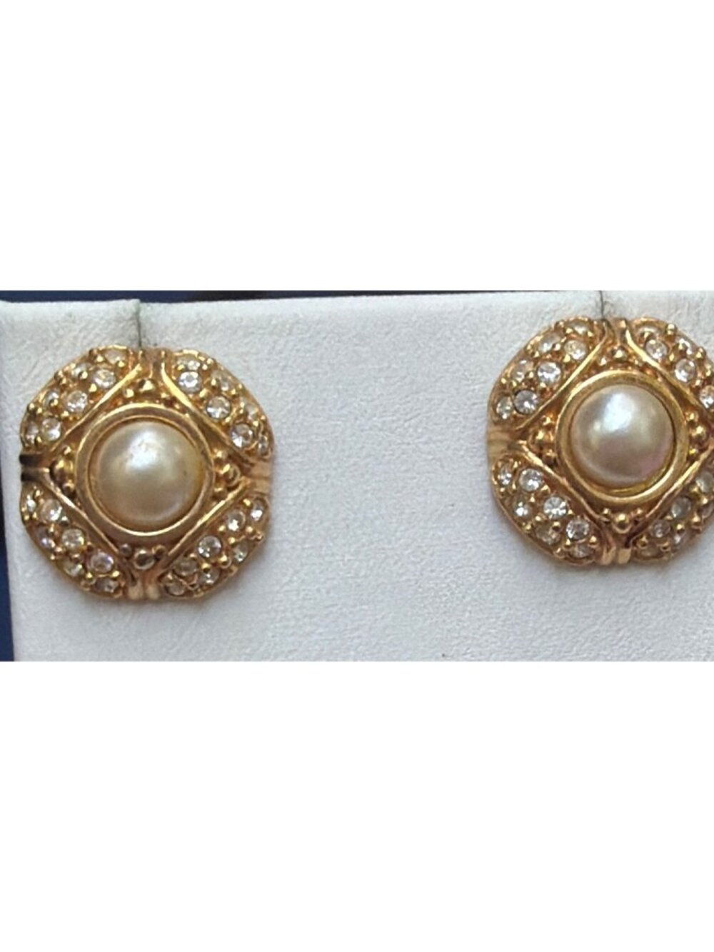 Vintage Swarovski Gold Tone Crystal Stud Earrings Faux Pearl .75" Estate READ